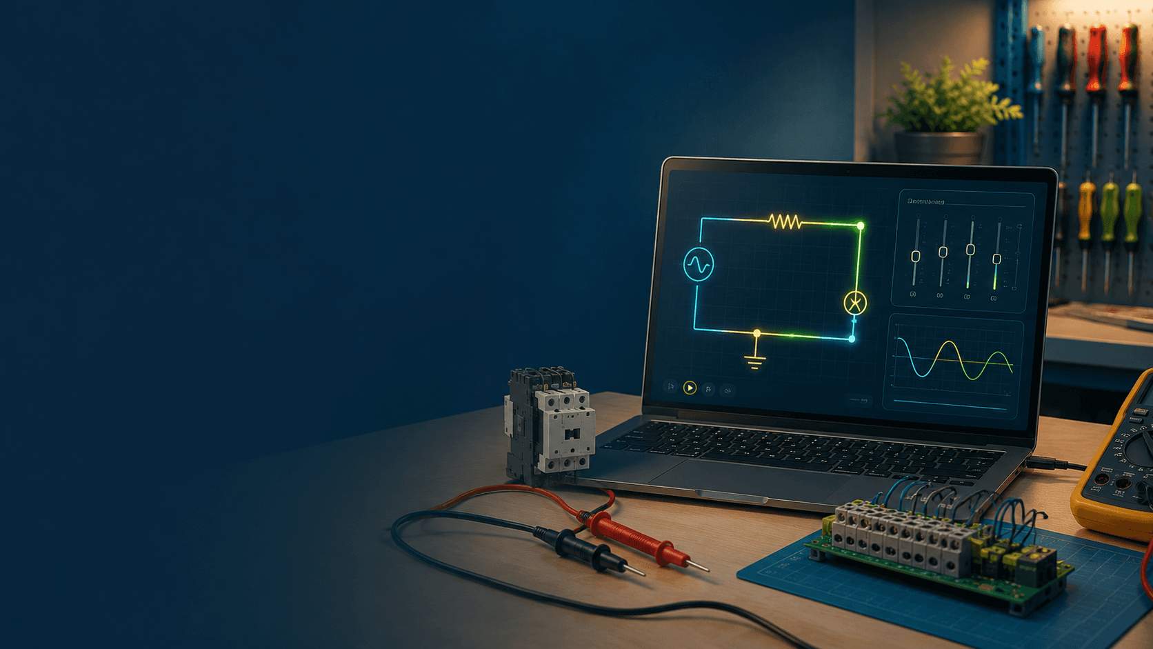 Elektrotekniske kretser og måleverdier i visuell simulering