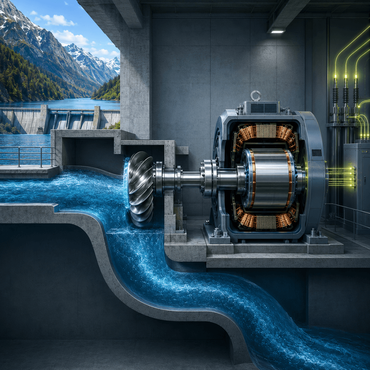 Generator i et kraftverk som lager elektrisk energi fra rotasjon.