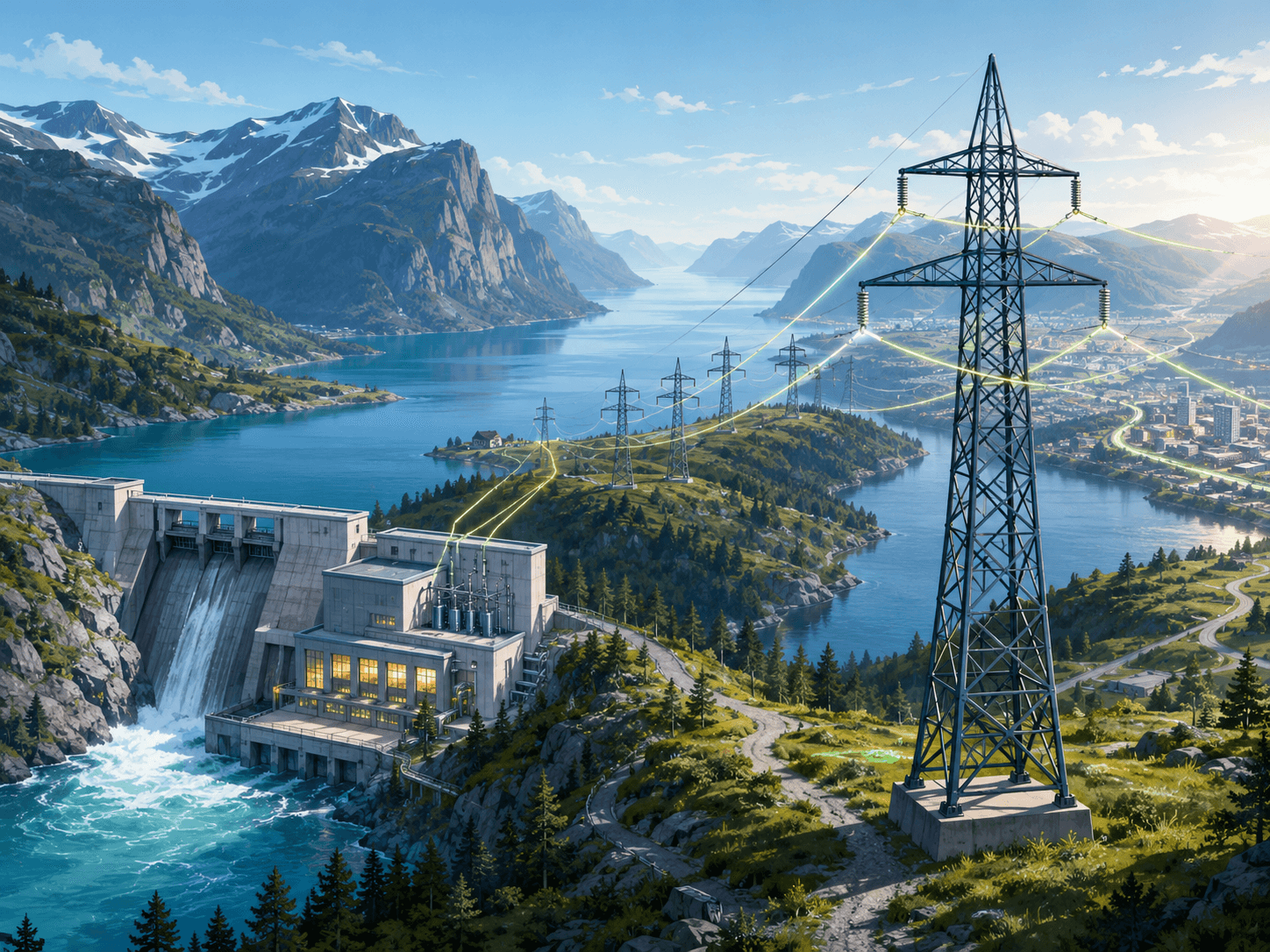 Kraftlinjer og nettanlegg som frakter elektrisk energi videre fra kraftverket.