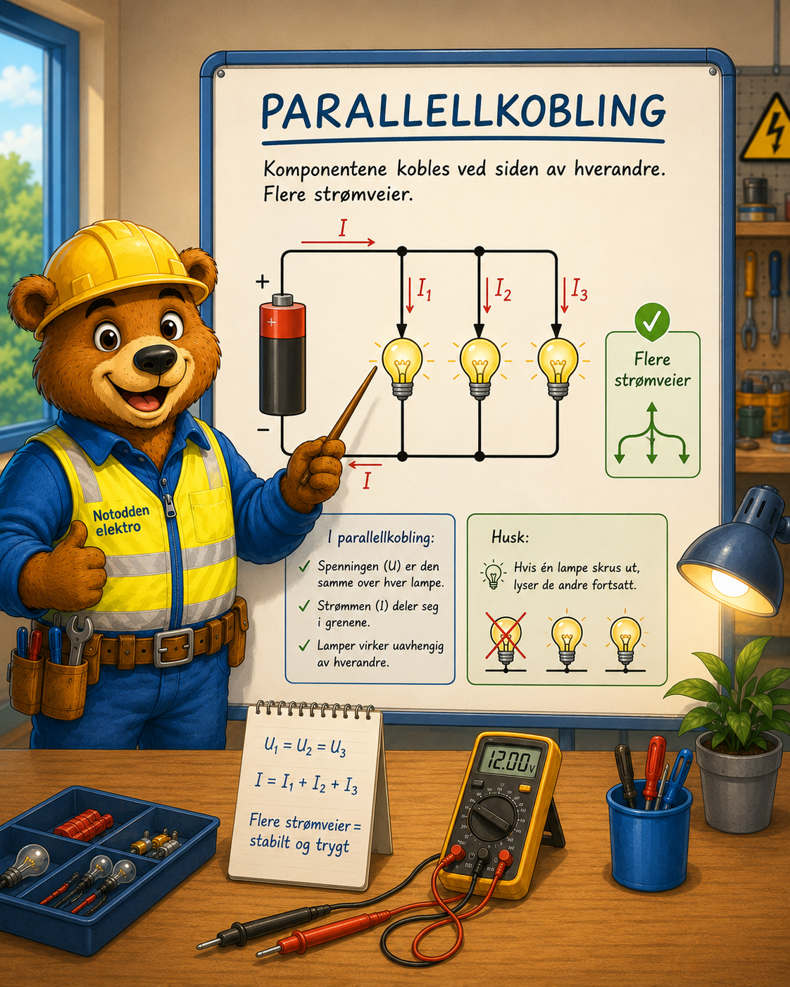 Parallellkobling med flere grener, samme spenning over hver gren og lamper som lyser